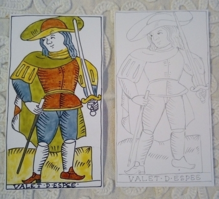 first and second version of the Page of Swords in the Hes-Derua Tarot