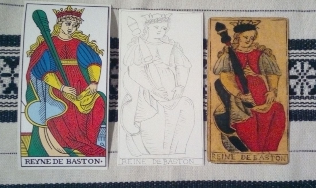 Queens of batons, CBD and the Hes Tarot (my printed version) on the sides
