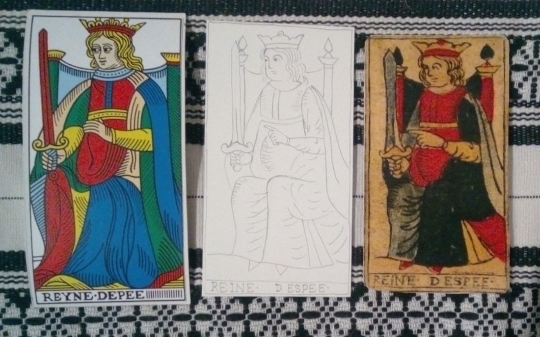 Queen of Swords, CBD and the Hes Tarot (my printed version) on the sides